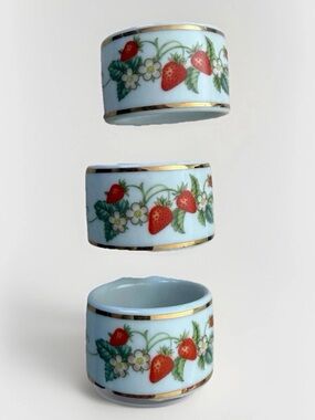 Avon Strawberry Floral Porcelain Napkin Rings with Gold Trim